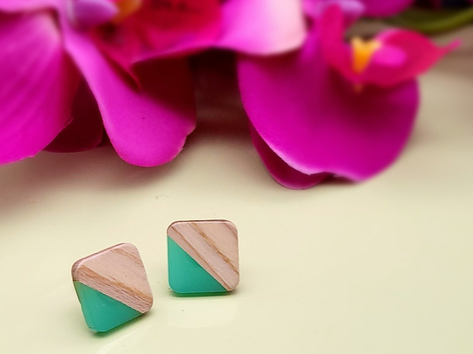 Blue Wooden Square Earrings