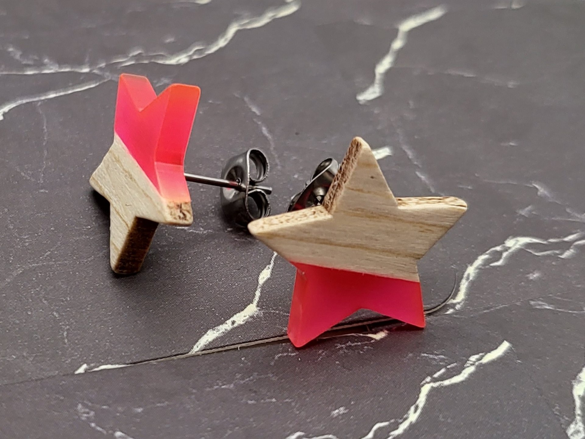 Neon Pink Wooden Star Earrings