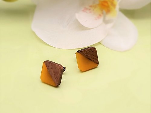Yellow Wooden Square Earrings