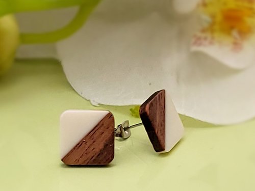 White Wooden Square Earrings
