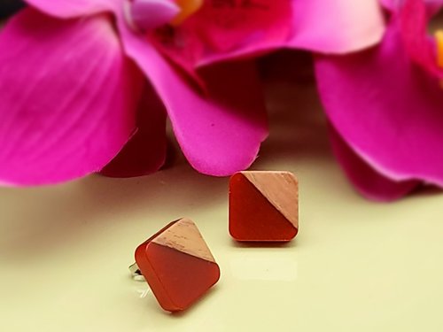 Red Wooden Square Earrings