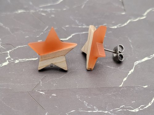 Orange Wooden Star Earrings