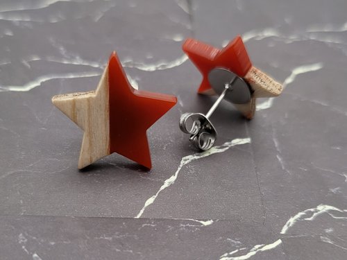 Red Wooden Star Earrings